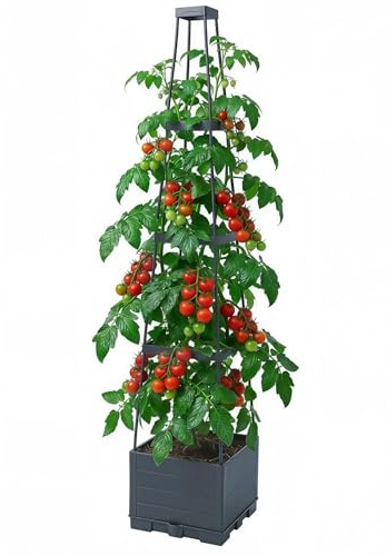 Warmiehomy Raised Garden Bed with Trellis, Self-Watering Tomato Planters Box, Plastic Tomato Cage for Climbing Plants, Vegetables, Flowers, 28 x 28 x 140 cm, Black