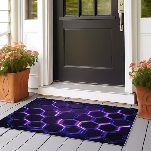 Lila Teppich Flur Läufer 50 x 150 cm, Waschbar rutschfest Teppichläufer - Science-Fiction Geometrie Sechseck Kurzflor Schlafzimmer Bettvorleger Büro Kurzflor Brücken Hallway Carpet