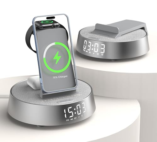 Wireless Charging Station, 25W Fast Wireless Charger | Bluetooth Speaker with Dimmable Night Light, Radio Alarm Clock for iPhone and Samsung, Apple Watch, AirPods