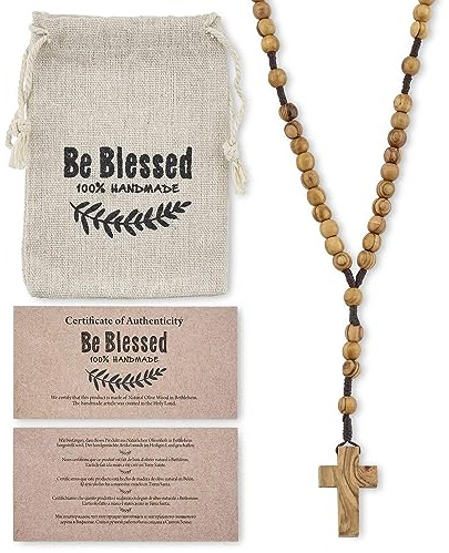Bethlehem Certified Wooden Rosary from Olive Wood - Our Father Christian Catholic Wooden Prayer Beads in Cotton Rosary Pouch and Authenticity Certificate for Men and Women