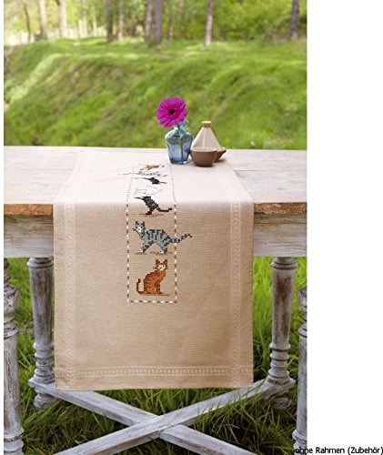 VERVACO Stickpackung Kreuzstich Set Vorgedruckt Tischläufer Spielerische Kätzen Stickdecken Vorgezeichnet Basteln Erwachsene Kreativ Stickläufer zum Selbersticken 40 x 100 cm Stickset