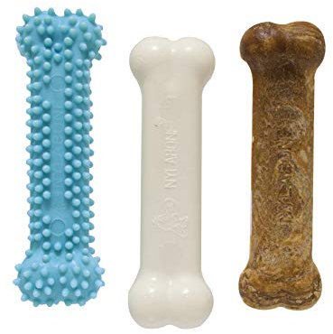 Nylabone Puppy Chew Toys & Natural Treat Triple Pack, Blue, Chicken & Bacon Flavor, Small - Up to 25 Ibs, 3 Pack