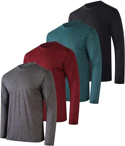 4 Pack: Mens Long Sleeve T-Shirt Workout Football Quick Dry Fit Gym Tee Shirt Athletic Active Performance Skin Rugby Training Wicking Exercise Clothing Running Sport Undershirt Top -Set 2,M