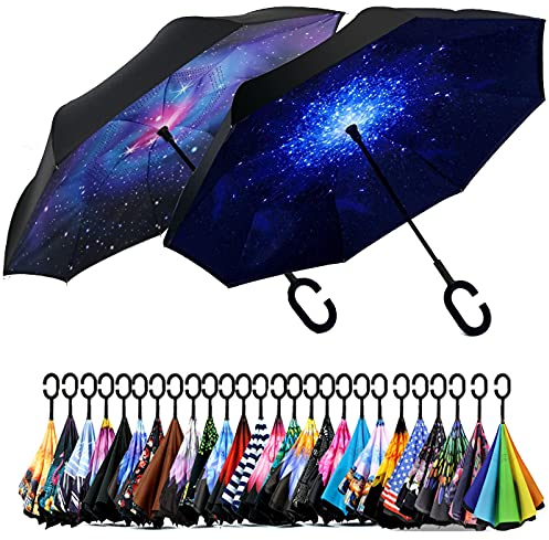 SIEPASA 124/142 cm umgekehrter umgekehrter Regenschirm, extra groß, doppelt, belüftet, winddicht, wasserdicht, Golfschirme mit C-förmigem Griff, 2 Stück, 124 cm