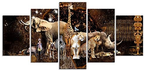 decomonkey - Impression sur Toile Abstrait Animau 100x50 5 Pièces - Tableau Décoration Appartement Déco Salon Peinture sur Toile Abstraction afrique chats colorés lions éléphants animaux girafes