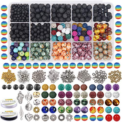 EuTengHao 702 Stück Lava Perlen Stein Rock Perlen Regenbogen gestreifte Perlen Set mit Chakra Perlen Cloisonne Perlen Spacer Perlen Armband Schnur für Diffusor ätherische Öle