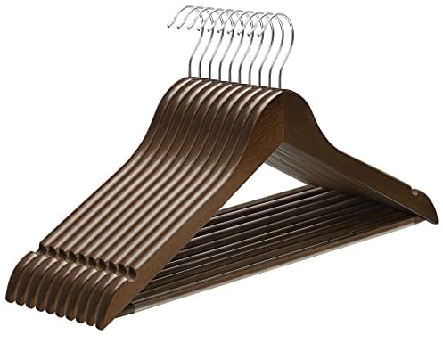 SONGMICS Grucce Legno, 10 Pezzi, Appendiabiti con Scanalature su Spalle, Barra Portapantaloni Antiscivolo e Gancio Girevole a 360°, per Completi Camicie Cappotti, Noce Scuro e Argento CRW001V01