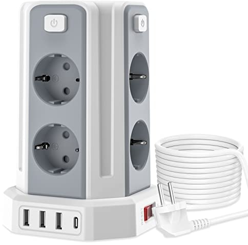 Sameriver Regleta Enchufes Proteccion sobretension (3250W) con 8 Enchufes de Seguridad,Regleta Enchufes con 1 Rápida USB-C y 3 USB-A Regleta Vertical Torre Enchufe, 3M Cordón, Blanco…