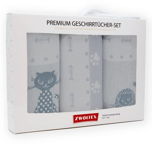 ZWOLTEX Geschirrtücher Geschenkset aus 100% Baumwolle I Made IN EU I Oeko-TEX® 100 I Gewebte Geschirrhandtücher - Küchentücher 70x50 (Geschenkset (3X Küchentuch), Katzen (Grau)