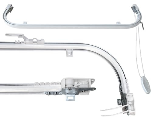 Gebogene Deckenschiene aus Weißem Aluminium, Anpassbar, Komplett mit Montagezubehör, Seilbewegung, Decken- oder Wandgleitende Vorhangstange (150 CM mit linksseitiger Stapelung)