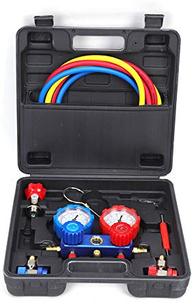 Manifold Gauge Kit 2-Wege Monteurhilfe Klimaanlage Kältemittel mit 3 Füllschläuchen 1,5 M und Koffer für Kältemittel R134a R22 R12 R404A R410A R502 Anschlussadapter R134a