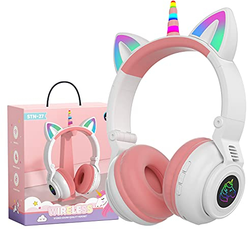hisonic Einhorn Kopfhörer Bluetooth, Over-Ear kinderkopfhörer ab 3 Jahre, mit Bunte Lichter, Faltbare, Einstellbar, Kabellos und Kabel, Eingebautes Mikfon für Mädchen. (Weiß)