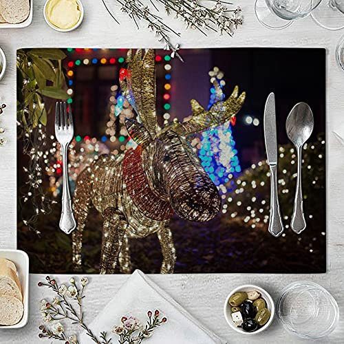 Daesar Tischmatten Weihnachten 8er Set Baumwolle, Platzmatten Abwaschbar 42x32 Hirsch mit Lichtern, Platzset rutschfest für Glastisch Holztisch