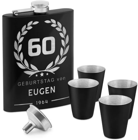 Maverton Flachmann Set 200 ml mit Gravur, Farbe: mattschwarz | Taschenflasche + 4 Schnapsgläsern 20 ml mit Trichter, Brustflasche für Männer