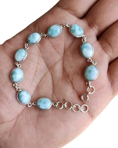 Natural Larimar Gemstone Bracelet 925 Sterling Silver Handmade Birthstone Link Chain Bracelet Lobster, Fishhook & Spring Rings Clasp Bracelet For Women