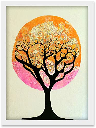 Doppelganger33 LTD Tranquil Tree Silhouette Abstract Illustration Enchanted Linocut Artwork Framed Wall Art Print A4