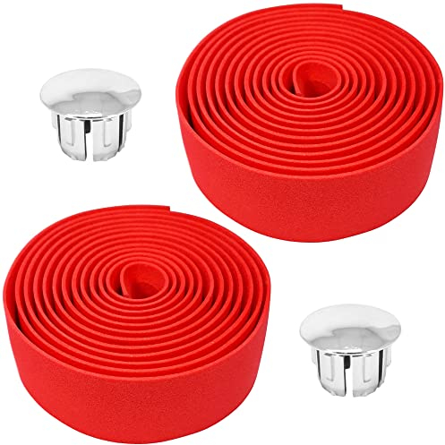 cyclingcolors 2x ruban de cintre vélo mousse confort EVA adhésif bouchon chromé cycle route fixie singlespeed, rouge