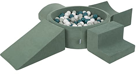 KiddyMoon Spielplatz Velvet Aus Schaumstoff Mit Samt Rund Bällebad (300 Bälle) + Version 5 Ballgruben Für Babys Spielbad, Hergestellt In EU, Waldgrün: Dunkeltürkis/Grüngrau/Weiß