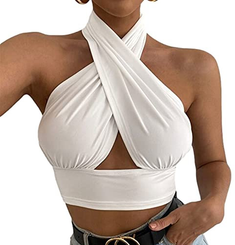 Crop Top Sexy Mujer Camisola de Cuello Halter Camiseta Ajustada sin Manga para Mujer Chaleco Femenino de Verano Top Corto de Color Sólido para Casual Fiesta Club Noche (Blanco, L)