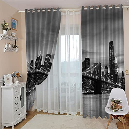 TFLABS Vorhang 2 Stück x 140 B x 245cm H Schwarz & New York City Blickdichte Gardinen -Lichtundurchlässige Vorhänge mit Ösen für Schlafzimmer Kinderzimmer Geräuschreduzierung