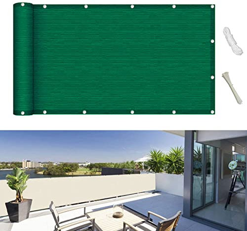 Balkon sichtschutz 65 x 350 cm Windschutz Staubschutz Balkonsichtschutz Seitenmarkise mit Kabelbinder Ohne Bohren für Balkongeländer Garten, Dunkelgrün