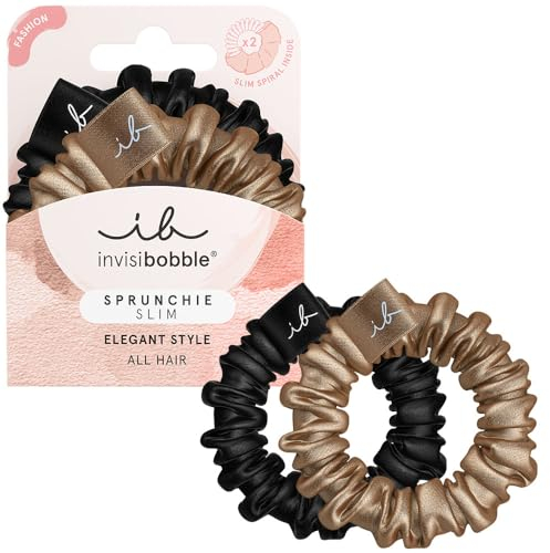 invisibobble Sprunchie Slim Schwarz Gold I 2x Stoff Haargummis gold schwarz für Mädchen & Damen I kein verknoten, starker Halt, haarschonend I Scrunchie Haargummi designed im Herzen Münchens