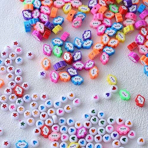 HERZWILD Bunte Wolke Perlen zum Auffädeln 300pcs Polymer Clay Beads Weiche Topfperlen mit runden Herzperlen Sternperlen für Schmuck Basteln(cloud)