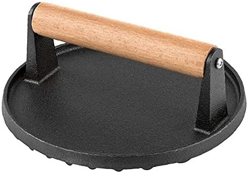 VIXPET Cast Iron Round Press Steak Meat Grill Heavy Duty Weight BBQ Tool with Wooden Handle Kitchen Gadget