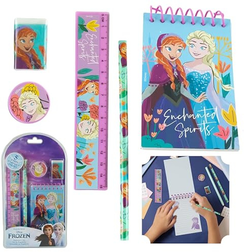 Ensemble de papeterie 5 pièces pour filles | Carnet et stylo | Cadeau de fête sur le thème de la Reine des Neiges pour l'école 3 à 12 ans