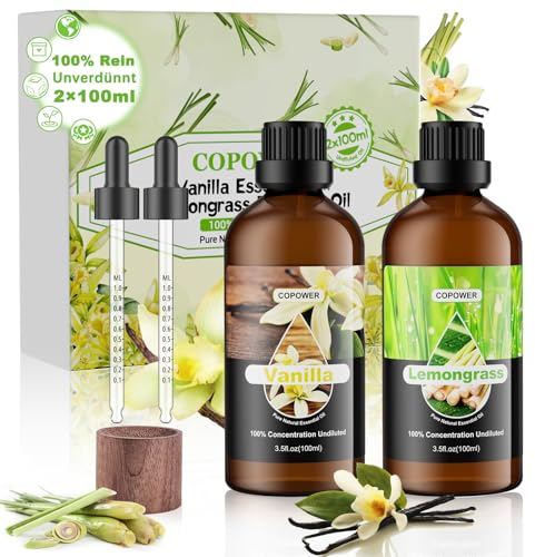 COPOWER Ätherische Öle, 2x100ml Ätherische Öle für Diffuser - Zitronengrasöl, Ätherische Öle Vanille, 100% Unverdünnte Reine Natürliche Duftöl Lemongrass Oi GeschenkSet für Hautpflege,Duftlampe,Kerze