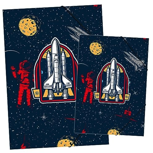 itenga Set Zeichenmappe DIN A3 und Sammelmappe DIN A4 mit Motiv - Gummizugmappe Sammelmappe - für Kinder Jugendliche Schüler Mädchen Jungen (Set A3 und A4 Motiv Weltraum)