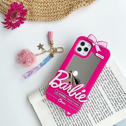 CrazyLemon für iPhone 13 / iPhone 14 Hülle, Silikon Rosa Spiegel Design mit Flauschigem Haarball für Frauen Teenager Mädchen Kinder Weiches TPU Langlebiges Gummi Stoßfester Schutzstoßfänger Hülle