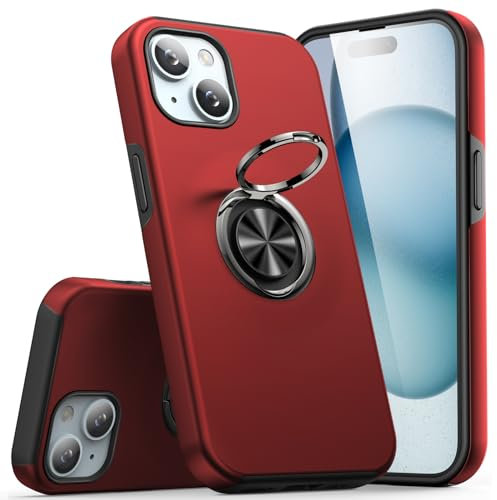 KRAFTCARE Case Compatible for iPhone 15 Case with Kickstand Ring, Upgrade Shockproof and Anti Scratch 360° Magnetic Ring Holder Stand Protective Phone Case Cover Compatible for iPhone 15 - Red