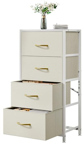 Taotigzu Dresser with 4 Drawers,Fabric Chest of Drawers with Large Storage Space,Narrow Storage Drawers Tower for Living Room,Bedroom,Wooden Top and Metal Frame,28x43x77CM (White)