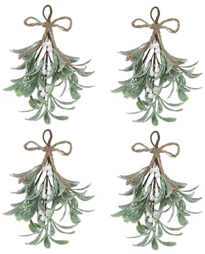 YuuFcy 4 Stücke Weihnachtsdeko Mistelzweige, Künstliche Mistelzweige, Große Weihnachts-Misteldekoration mit Roten Beeren, Hängende Mistelverzierung für die Hochzeitsdekoration zu Hause (Weiß)