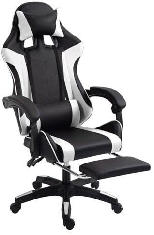 Gaming Chair Ergonomic Computer Chair Office Chair Desk Swivel Chair Adjustable Reclining Footrest Cushion White/Black New!