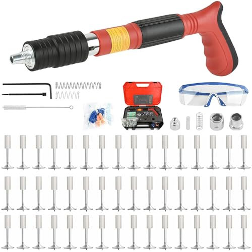 Pistola Sparachiodi con 110 chiodi rotondi, Pistola Manuale Sparachiodi, kit Pistola Sparachiodi per Calcestruzzo, Strumento manuale per Unghie in acciaio Regolabile a 5 velocità (rosso)