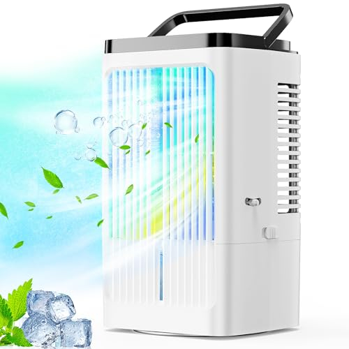 Aire acondicionado portátil - YEBABFIT aire acondicionado 1200ml ventilador personal con 4 velocidades de viento tanque de agua 7 colores de luz 2 función de pulverización, 1-8H temporizador