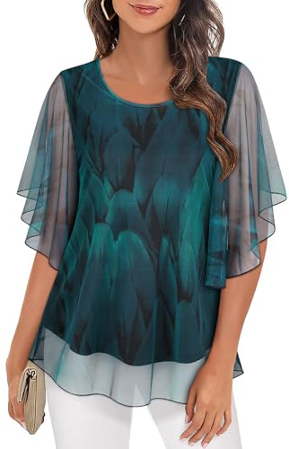 Syphiby Going Out Tops Ruffle 3/4 Sleeve Chiffon Blouses for Women UK Charming Party Top Swing Lightweight Floral Tops Evening Top for Women UK Elastic Mesh Tunics Ladies Wedding Guest Shirts