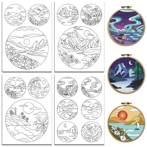 peacoblue Stickvorlagen Wasserlöslich für Anfänger 4 Sheet Schöne Landschaft with 15pcs Muster, Wash Away Stick and Stitch Auflösbares Stickereipapier für Handnähbegeisterte Frauen Erwachsene