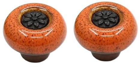 HDJNal Set of 2, Ceramic Knobs - Kitchen Cabinet Cupboard Door knobs, Round Shape Vintage Pull Handles for Furniture, Drawer Handles - Vintage Shabby Chic (32mm Diameter,Black-Orange