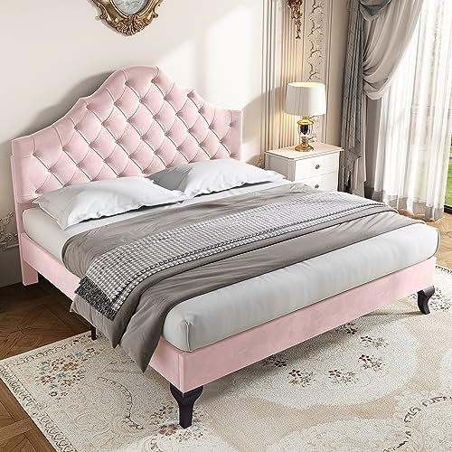 Lit 140x200 avec sommier à Lattes et tête de lit,lit capitonné 140x200 avec tête de lit réglable en Hauteur,Cadre de lit pour Adultes et Adolescents,Velours,Rose