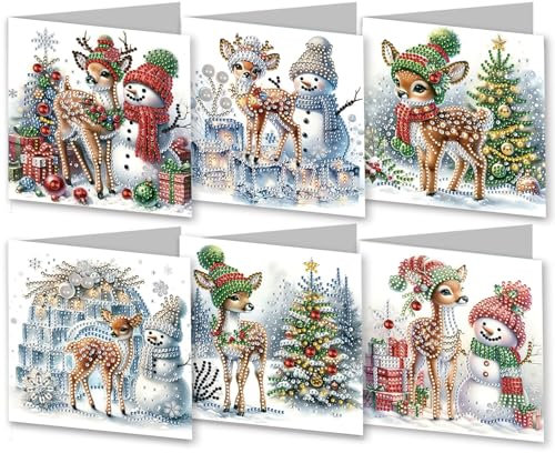 CXINLky 5D DIY Diamond Art Painting Karten, 2024 Weihnachten Diamond Art Painting Karten, 6 Stuck Weihnachtskarte, Weihnachten für Familie, Liebhaber-02-Schneemann Hirsch