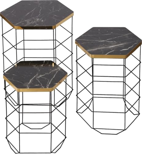WDMT Metallischer Beistelltisch in Marmoroptik von Naturn Living - Beistelltisch-Set aus 3 - Drahtkorb-Beistelltische - Marmoroptik Tischplatte - Drahtkörbe - Schwarz