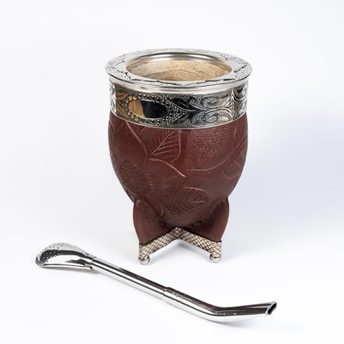 Yerba Mate Kürbis mit Edelstahl Bombilla - Handmade Mate Gourd, Mate Trinkbecher, Pumpkin Mate Gourd, Yerba Mate Set, Argentinien (Braun)
