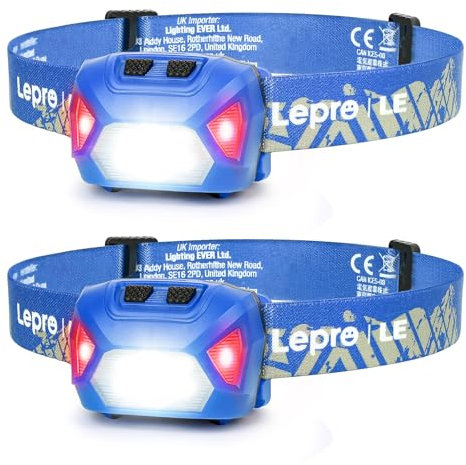 Lepro Linterna Frontal LED Recargable 2000lux (2 Pack), Linterna Cabeza USB Recargable D500, 6 Modos de Luz con Luz Rojo, Impermeable IPX4, Luz Frontal Cabeza para Correr, Camping, Excursión,Azul
