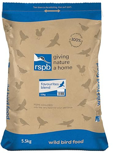 RSPB - Wild Bird Food for Small Birds, High Energy Food, Wild Bird Seed Mix with Sunflower Hearts and Dried Mealworms, Made in the UK, Suitable for Year-Round Feeding (Favourites Blend) (5.5kg)