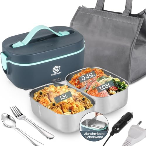 SUPERLEX Elektrische Lunchbox 5-in-1 Funktion 1,5L Essensbox Warmes Mittagessen, 12V/24V/220V für Arbeit Camping LKW Haushalt Konstruktion Büro