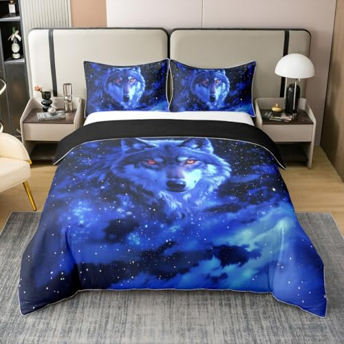 Loussiesd Wolf 100% Baumwolle Bettwäsche Set 135x200cm Wölfe Heulen Betten Set für Jungen Mädchen Jugendliche Tier Wölfe Bettbezug Set Berg Mond Wolf Bettwäsche-Set Ozeanblau Bettwäsche-Set