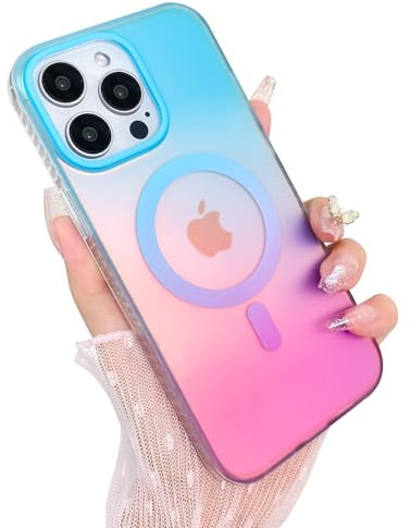 Heaofei Aesthetic Case for iPhone 13 Pro Case for Women Girls, Compatible with Magsafe, Cute Girly Trendy Glitter Sparkly Rainbow Magnetic Protective Phone Cover, Matte Iridescent Blue & Pink
